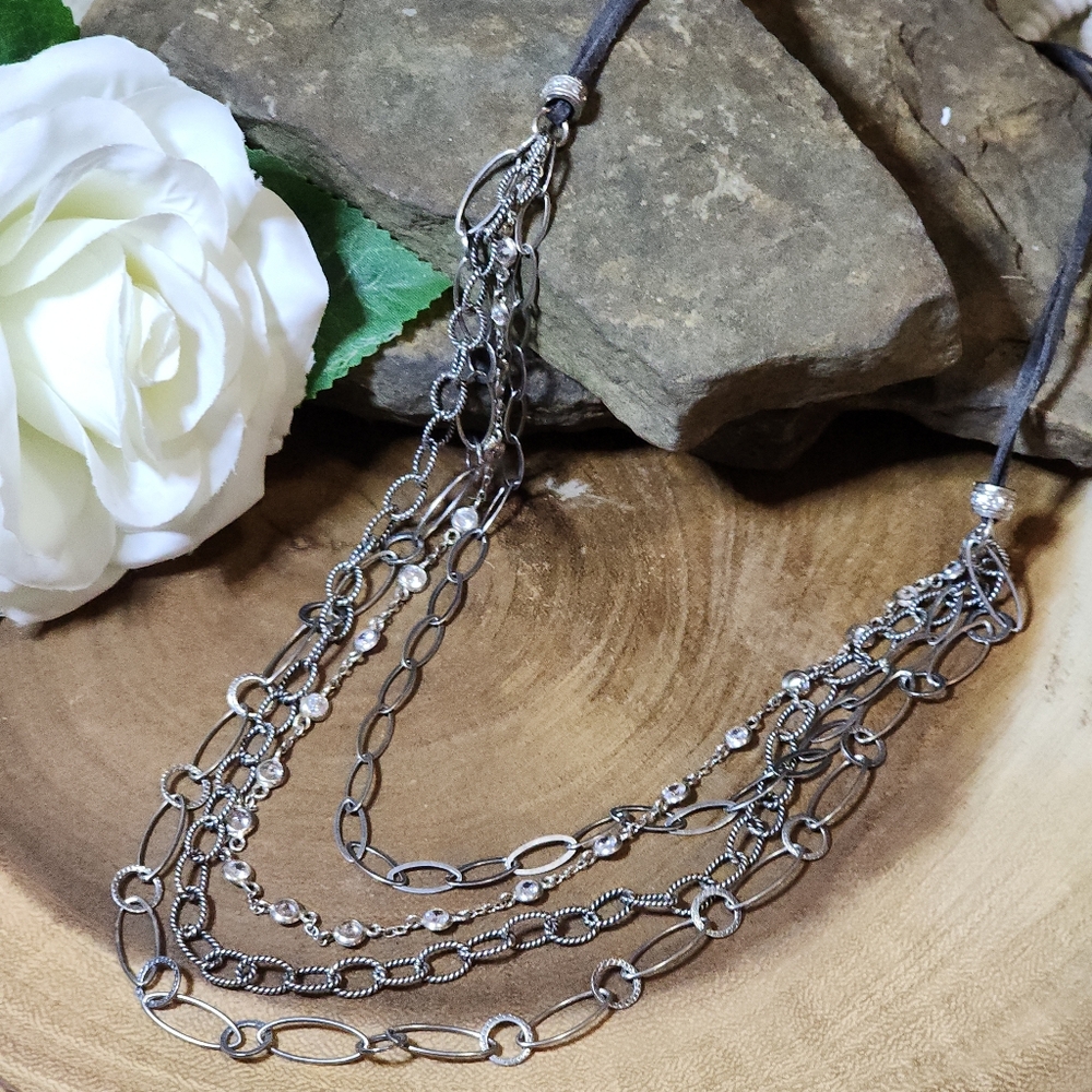 Silpada Sterling "Everlasting" Suede Cord CZ Multi-Chain Long Necklace